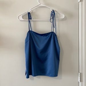 BLUE SATIN TIE STRAP TANK TOP